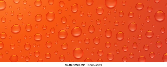 Textura de gotas de agua sobre fondo rojo. Ilustración vectorial realista de condensación de vapor, vapor o niebla en superficie roja húmeda, gotas acuáticas claras de rocío o lluvia