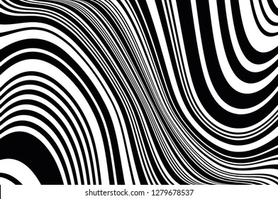 Texture with wavy, curves lines Abstract pattern. Optical art background. Wave design black and white. Digital image with a psychedelic stripes. Vector illustration  