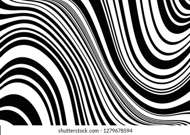 Texture with wavy, curves lines Abstract pattern. Optical art background. Wave design black and white. Digital image with a psychedelic stripes. Vector illustration  