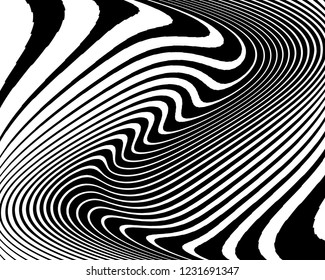 Texture with wavy, curves lines. Optical art background. Wave design black and white. Digital image with a psychedelic stripes. Vector illustration  