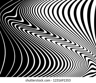 Texture with wavy, curves lines. Optical art background. Wave design black and white. Digital image with a psychedelic stripes. Vector illustration  