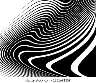Texture with wavy, curves lines. Optical art background. Wave design black and white. Digital image with a psychedelic stripes. Vector illustration  