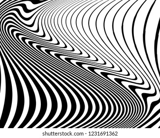 Texture with wavy, curves lines. Optical art background. Wave design black and white. Digital image with a psychedelic stripes. Vector illustration  