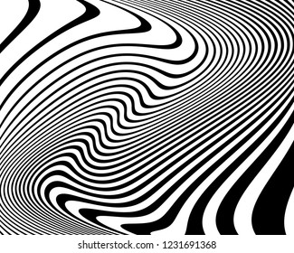 Texture with wavy, curves lines. Optical art background. Wave design black and white. Digital image with a psychedelic stripes. Vector illustration  