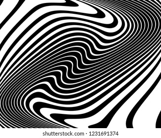 Texture with wavy, curves lines. Optical art background. Wave design black and white. Digital image with a psychedelic stripes. Vector illustration  
