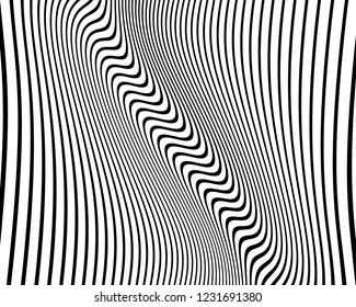Texture with wavy, curves lines. Optical art background. Wave design black and white. Digital image with a psychedelic stripes. Vector illustration  