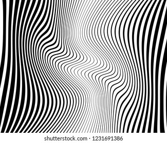 Texture with wavy, curves lines. Optical art background. Wave design black and white. Digital image with a psychedelic stripes. Vector illustration  