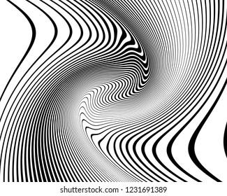 Texture with wavy, curves lines. Optical art background. Wave design black and white. Digital image with a psychedelic stripes. Vector illustration  