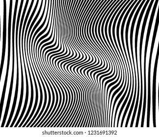 Texture with wavy, curves lines. Optical art background. Wave design black and white. Digital image with a psychedelic stripes. Vector illustration  