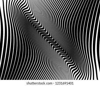 Texture with wavy, curves lines. Optical art background. Wave design black and white. Digital image with a psychedelic stripes. Vector illustration  