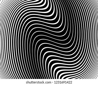 Texture with wavy, curves lines. Optical art background. Wave design black and white. Digital image with a psychedelic stripes. Vector illustration  