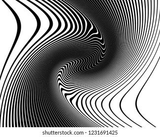 Texture with wavy, curves lines. Optical art background. Wave design black and white. Digital image with a psychedelic stripes. Vector illustration  