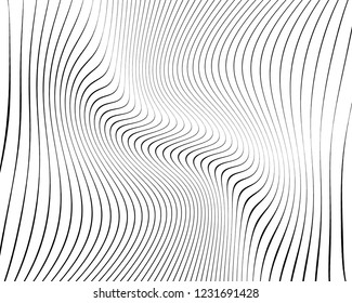 Texture with wavy, curves lines. Optical art background. Wave design black and white. Digital image with a psychedelic stripes. Vector illustration  
