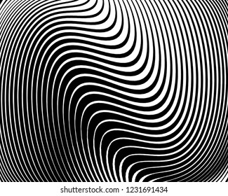 Texture with wavy, curves lines. Optical art background. Wave design black and white. Digital image with a psychedelic stripes. Vector illustration  