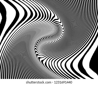 Texture with wavy, curves lines. Optical art background. Wave design black and white. Digital image with a psychedelic stripes. Vector illustration  