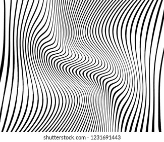 Texture with wavy, curves lines. Optical art background. Wave design black and white. Digital image with a psychedelic stripes. Vector illustration  