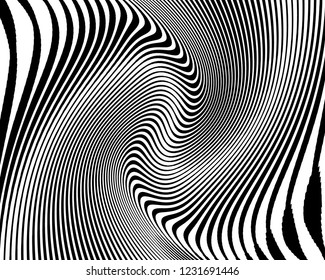 Texture with wavy, curves lines. Optical art background. Wave design black and white. Digital image with a psychedelic stripes. Vector illustration  