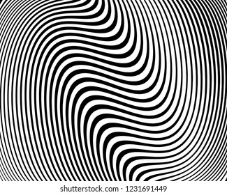 Texture with wavy, curves lines. Optical art background. Wave design black and white. Digital image with a psychedelic stripes. Vector illustration  