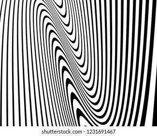Texture with wavy, curves lines. Optical art background. Wave design black and white. Digital image with a psychedelic stripes. Vector illustration  