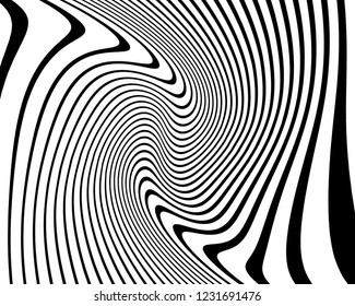 Texture with wavy, curves lines. Optical art background. Wave design black and white. Digital image with a psychedelic stripes. Vector illustration  