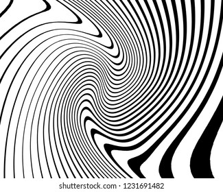Texture with wavy, curves lines. Optical art background. Wave design black and white. Digital image with a psychedelic stripes. Vector illustration  