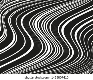 Texture with wavy, curves lines. Optical art background. Wave design black and white. Digital image with a psychedelic stripes. Vector illustration