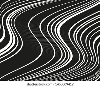 Texture with wavy, curves lines. Optical art background. Wave design black and white. Digital image with a psychedelic stripes. Vector illustration