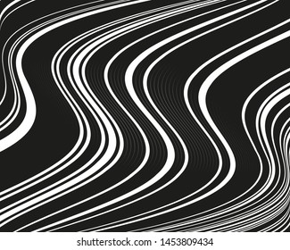 Texture with wavy, curves lines. Optical art background. Wave design black and white. Digital image with a psychedelic stripes. Vector illustration