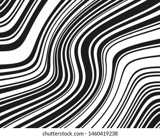 Texture with wavy, curves lines. Optical art background. Wave design black and white. Digital image with a psychedelic stripes. Vector illustration