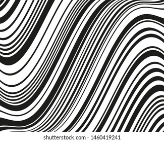 Texture with wavy, curves lines. Optical art background. Wave design black and white. Digital image with a psychedelic stripes. Vector illustration