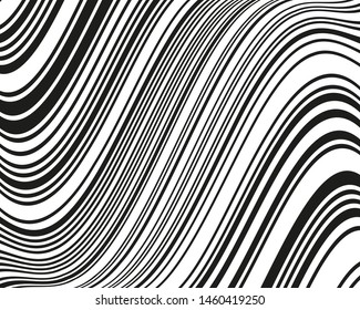 Texture with wavy, curves lines. Optical art background. Wave design black and white. Digital image with a psychedelic stripes. Vector illustration