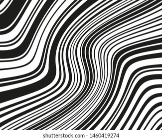 Texture with wavy, curves lines. Optical art background. Wave design black and white. Digital image with a psychedelic stripes. Vector illustration