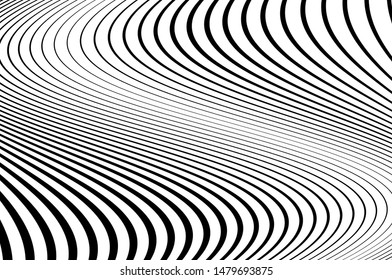 Texture with wavy, curves lines. Optical art background. Wavy design black and white. Digital image with a psychedelic stripes. Vector illustration  