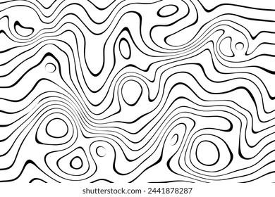 Textur mit Wellenlinien auf topographischer Karte. Hintergrund des konventionellen geografischen Diagramms in Schwarz-Weiß. Holzmuster.