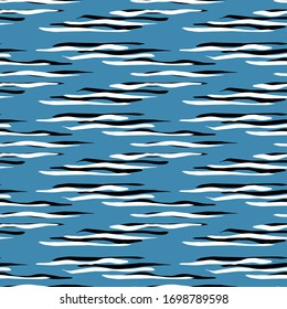 Texture wavy lines, stains, surface, water seamless vector pattern. Blue background.