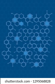 Texture of white lines forming hexagons as molecules on blue background. A4 size. Vector image