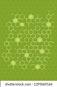 Texture of white lines forming hexagons as molecules on green background. A4 size. Vector image
