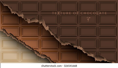 texture of white, milk and dark chocolate bar with broken ends