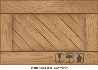 Texture of wood box and fragile symbol on white background. Vector illustration