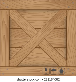 Texture of wood box and fragile symbol on white background. Vector illustration