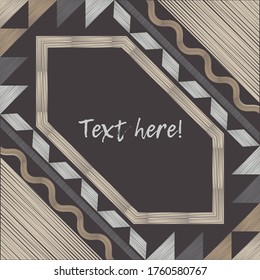 С con textura de madera. Texto en postal. Ornamento étnico de boho. Color - gris, beige, marrón. Diseño con eclosión manual. Ilustración vectorial para diseño web o impresión.
