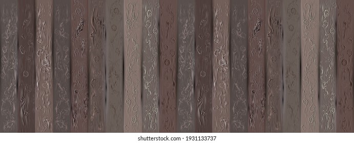 The texture of wooden boards. Shades of brown, mahogany. Rectangular vector illustration. Boards. Fence. Use as background, wallpaper, packaging, overlay on any base, for decoration and design, etc. 