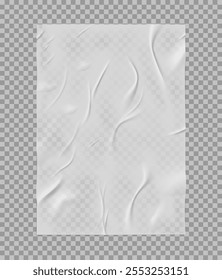 Textura de papel húmedo arrugado sobre un fondo transparente. Hoja en blanco de papel blanco arrugado con pliegues finos. Realismo. Plantilla. Maqueta. Estilo grunge. Elemento de diseño decorativo. Ilustración vectorial.