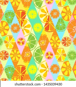 Texture yellow with a pattern of lemons limes oranges citrus fresh fruit useful vitamin summer tropical tasty sweet in rhombus for wallpaper in the kitchen or in a cafe. Vector illustration