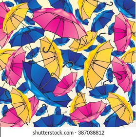 Texture with yellow, pink and blue umbrellas