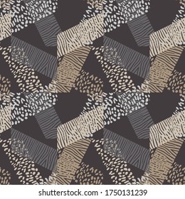 Texture of Zebra stripes and Leopard spots. Seamless pattern. Geometry. Design with manual hatching. Textile. Ethnic boho ornament. Vector illustration for web design or print.