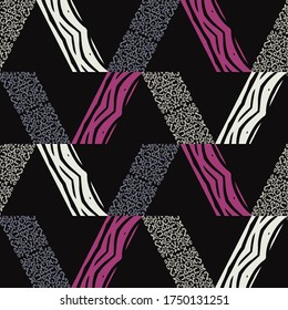 Textura de rayas de cebra y manchas de leopardo. Patrón sin foco. Geometría. Diseño con eclosión manual. Textil. Ornamento étnico de boho. Ilustración vectorial para diseño web o impresión.