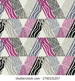 Texture of Zebra stripes and Leopard spots. Seamless pattern. Geometry. Design with manual hatching. Textile. Ethnic boho ornament. Vector illustration for web design or print.