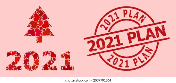 Textured 2021 Plan badge, and red love heart mosaic for 2021 fir tree. Red round badge has 2021 Plan title inside circle. 2021 fir tree mosaic is composed of red romance elements.