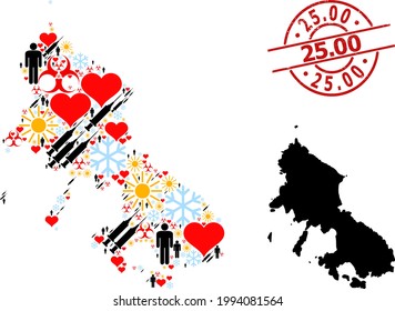 Textured 25.00 stamp seal, and heart men infection treatment mosaic map of Skyros Island. Red round badge contains 25.00 title inside circle. Map of Skyros Island mosaic is created from winter,